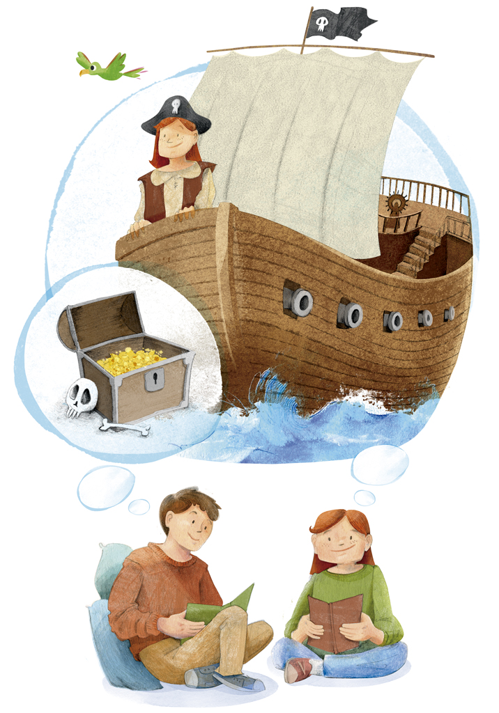 Nenos lendo e soñando cun barco pirata